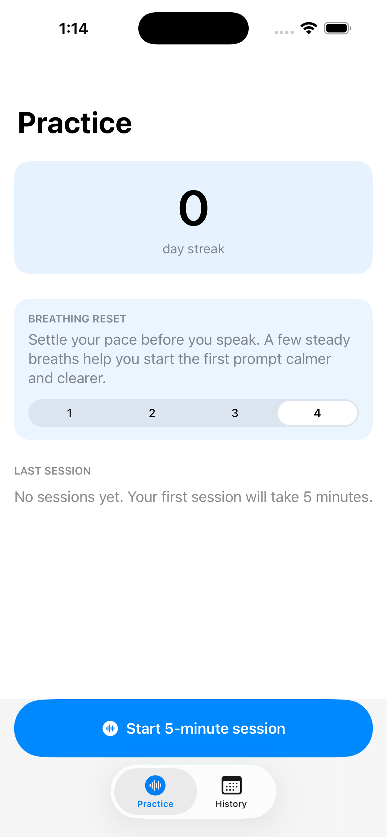 Flowreps practice screen showing a day streak, breathing reset, and start session button.