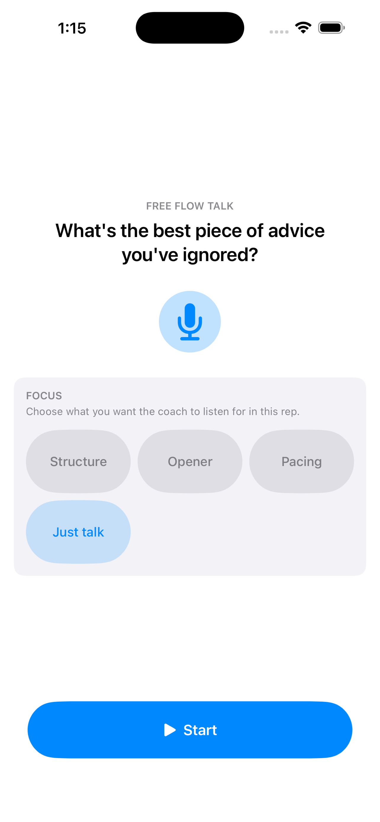 Flowreps prompt screen asking a speaking question with focus options and start button.